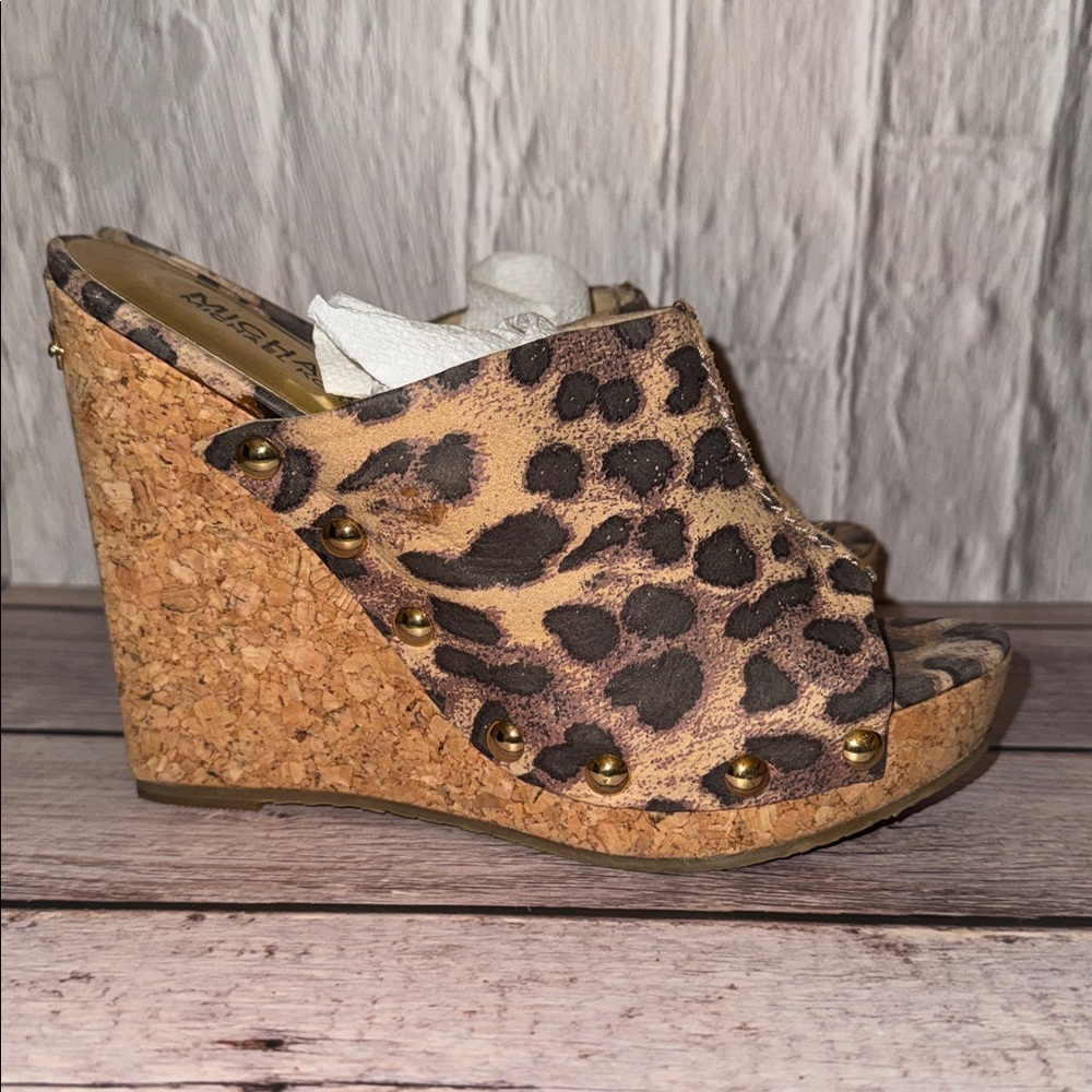 Michael Kors Belinda Mule Brown Leopard Suede Studded cork Wedge Heels